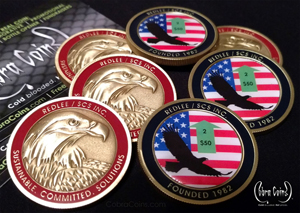 Redlee / SCS INC. Founded 1982 Sustainable Committed Solutions
Antique Brass coins with a 3D Eagle design and a 2D Back with an Offset Printed flying eagle/US flag image cobra coins cobracoins.com